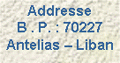 Text Box: Addresse
B . P. : 70227 Antelias  Liban 