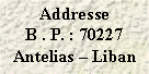 Text Box: Addresse
B . P. : 70227 Antelias  Liban 